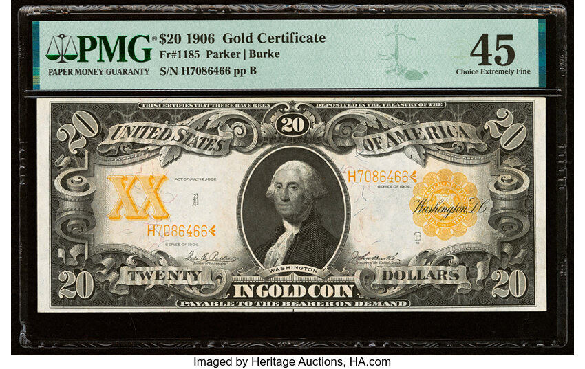 image for: Fr. 1185 $20 1906 Gold Certificate PMG Choice Extremely Fine 45....