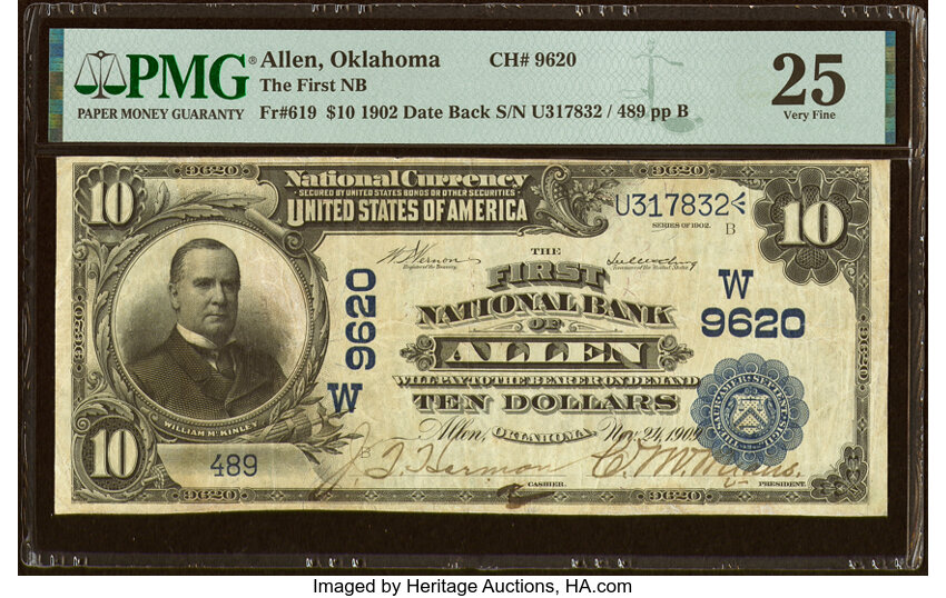 image for: Allen, OK - $10 1902 Date Back Fr. 619 The First National Bank Ch. # (W)9620 PMG Very Fine 25....