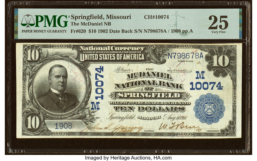 image for: Springfield, MO - $10 1902 Date Back Fr. 620 The McDaniel National Bank Ch. # (M)10074 PMG Very Fine 25....