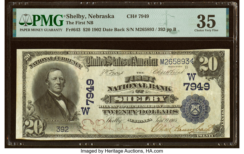 image for: Shelby, NE - $20 1902 Date Back Fr. 643 The First National Bank Ch. # (W)7949 PMG Choice Very Fine 35....