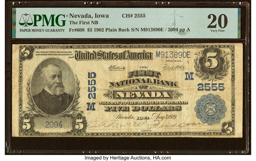 image for: Nevada, IA - $5 1902 Plain Back Fr. 608 The First National Bank Ch. # (M)2555 PMG Very Fine 20....