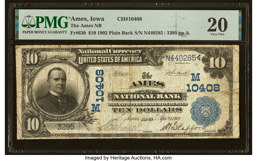 image for: Ames, IA - $10 1902 Plain Back Fr. 630 The Ames National Bank Ch. # (M)10408 PMG Very Fine 20....