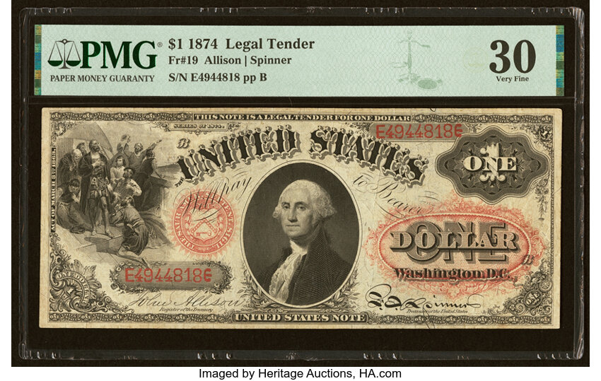 image for: Fr. 19 $1 1874 Legal Tender PMG Very Fine 30....