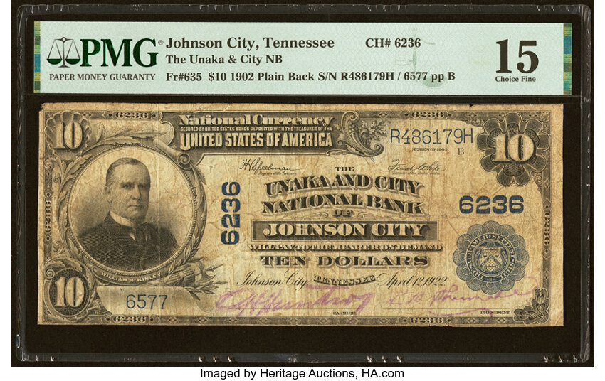 image for: Johnson City, TN - $10 1902 Plain Back Fr. 635 The Unaka & City National Bank Ch. # 6236 PMG Choice Fine 15....