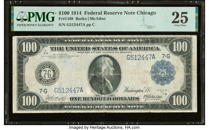 image for: Fr. 1108 $100 1914 Federal Reserve Note PMG Very Fine 25....