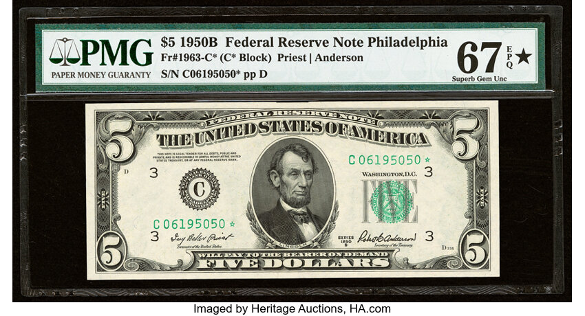 image for: Fr. 1963-C* $5 1950B Federal Reserve Star Note. PMG Superb Gem Unc 67 EPQ*....