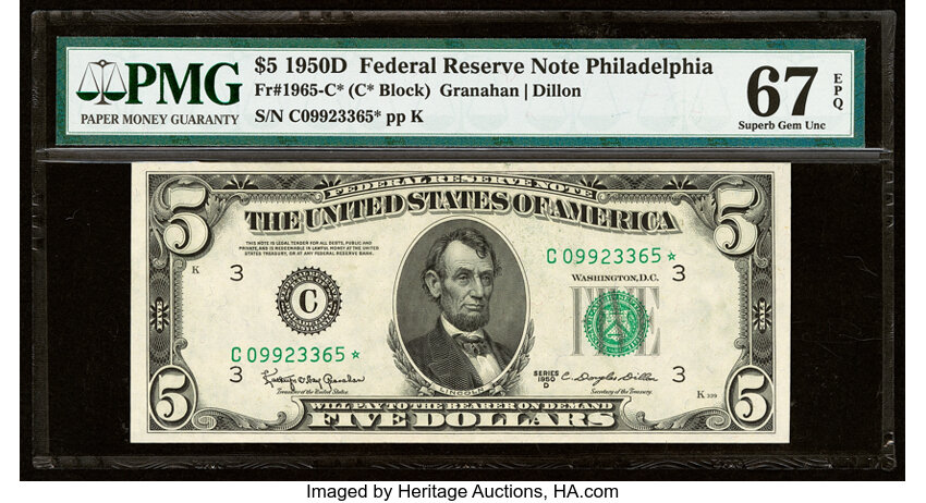 image for: Fr. 1965-C* $5 1950D Federal Reserve Star Note. PMG Superb Gem Unc 67 EPQ....