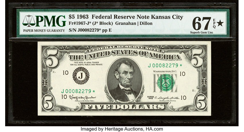 image for: Fr. 1967-J* $5 1963 Federal Reserve Star Note. PMG Superb Gem Unc 67 EPQ*....