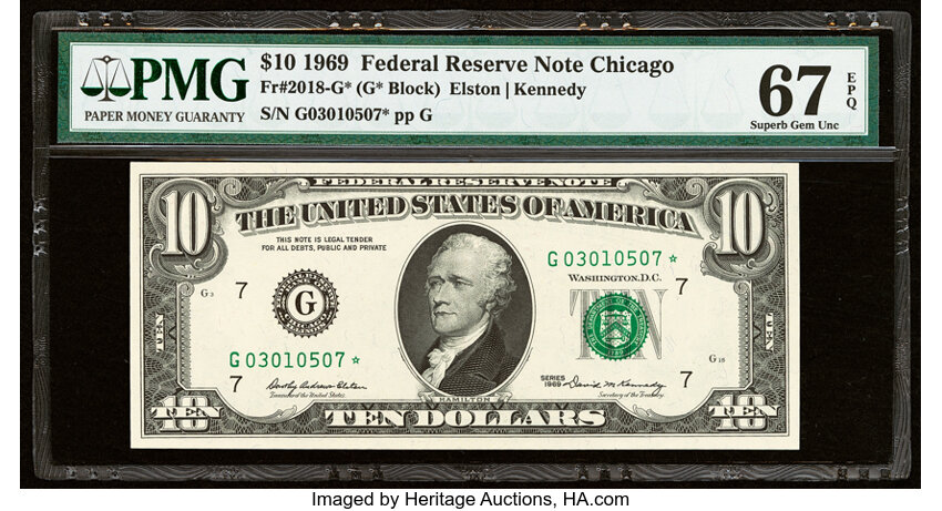 image for: Fr. 2018-G* $10 1969 Federal Reserve Star Note. PMG Superb Gem Unc 67 EPQ....