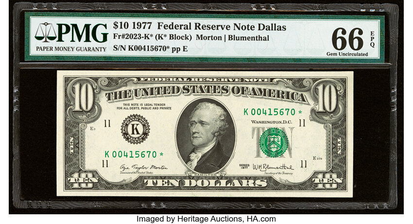 image for: Fr. 2023-K* $10 1977 Federal Reserve Star Note. PMG Gem Uncirculated 66 EPQ....