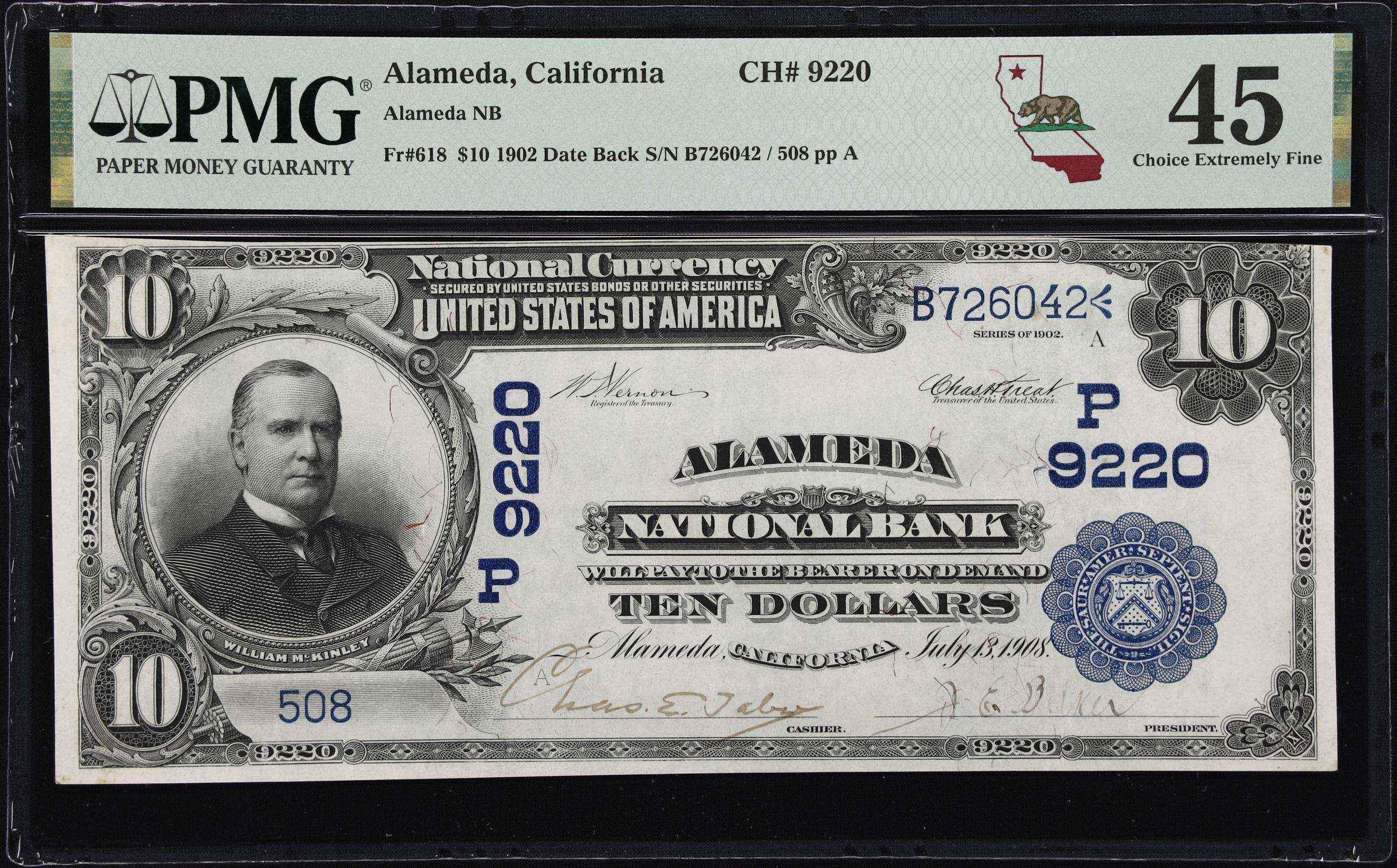 image for: Alameda, California. $10 1902 Date Back. Fr. 618. Alameda NB. Charter #9220. PMG Choice Extremely Fine 45.