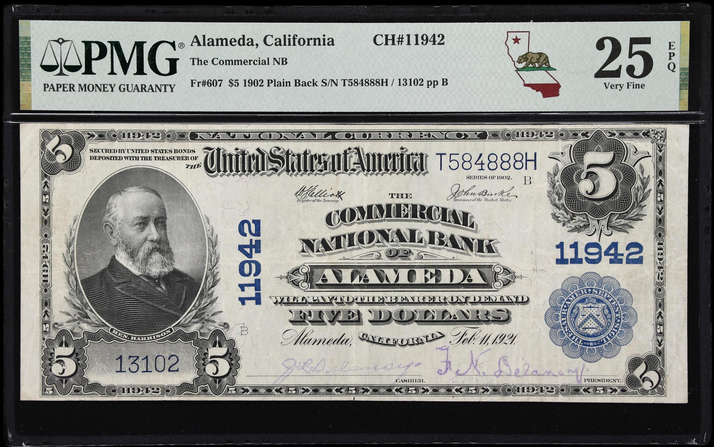 image for: Alameda, California. $5 1902 Plain Back. Fr. 607. Commercial NB. Charter #11942. PMG Very Fine 25 EPQ.