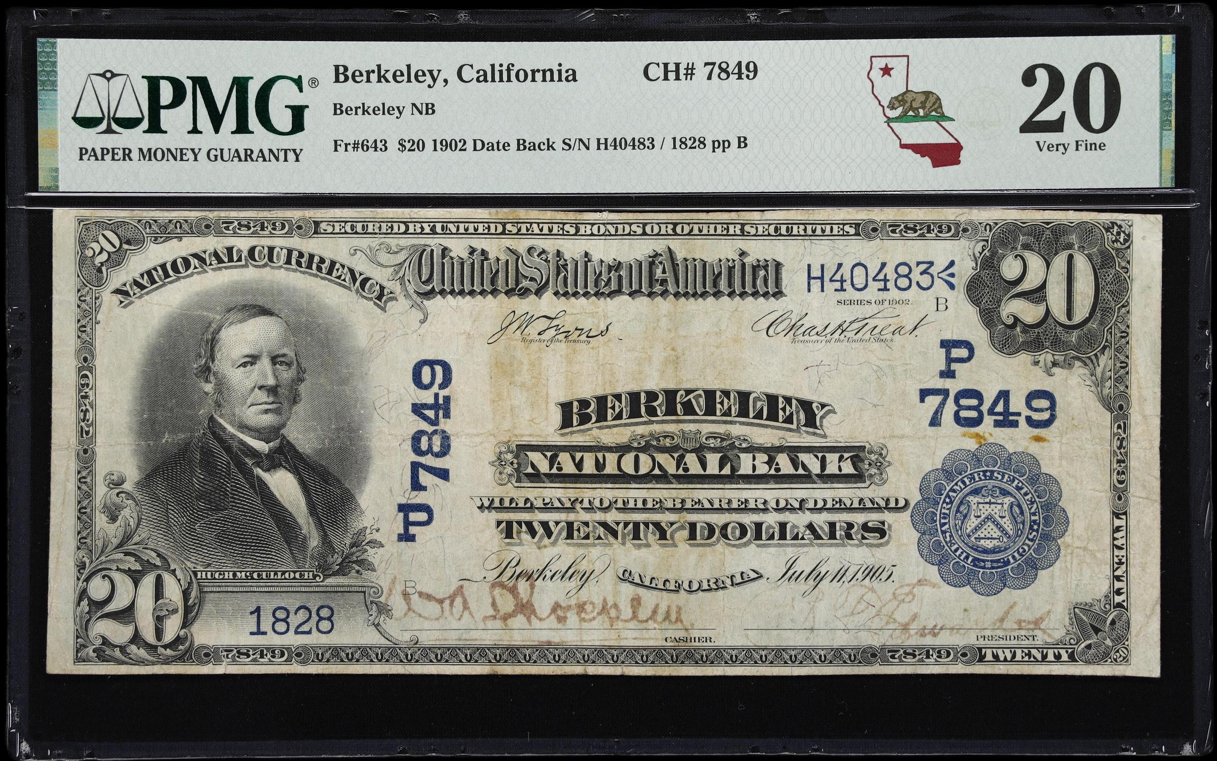 image for: Berkeley, California. $20 1902 Date Back. Fr. 643. Berkeley NB. Charter #7849. PMG Very Fine 20.