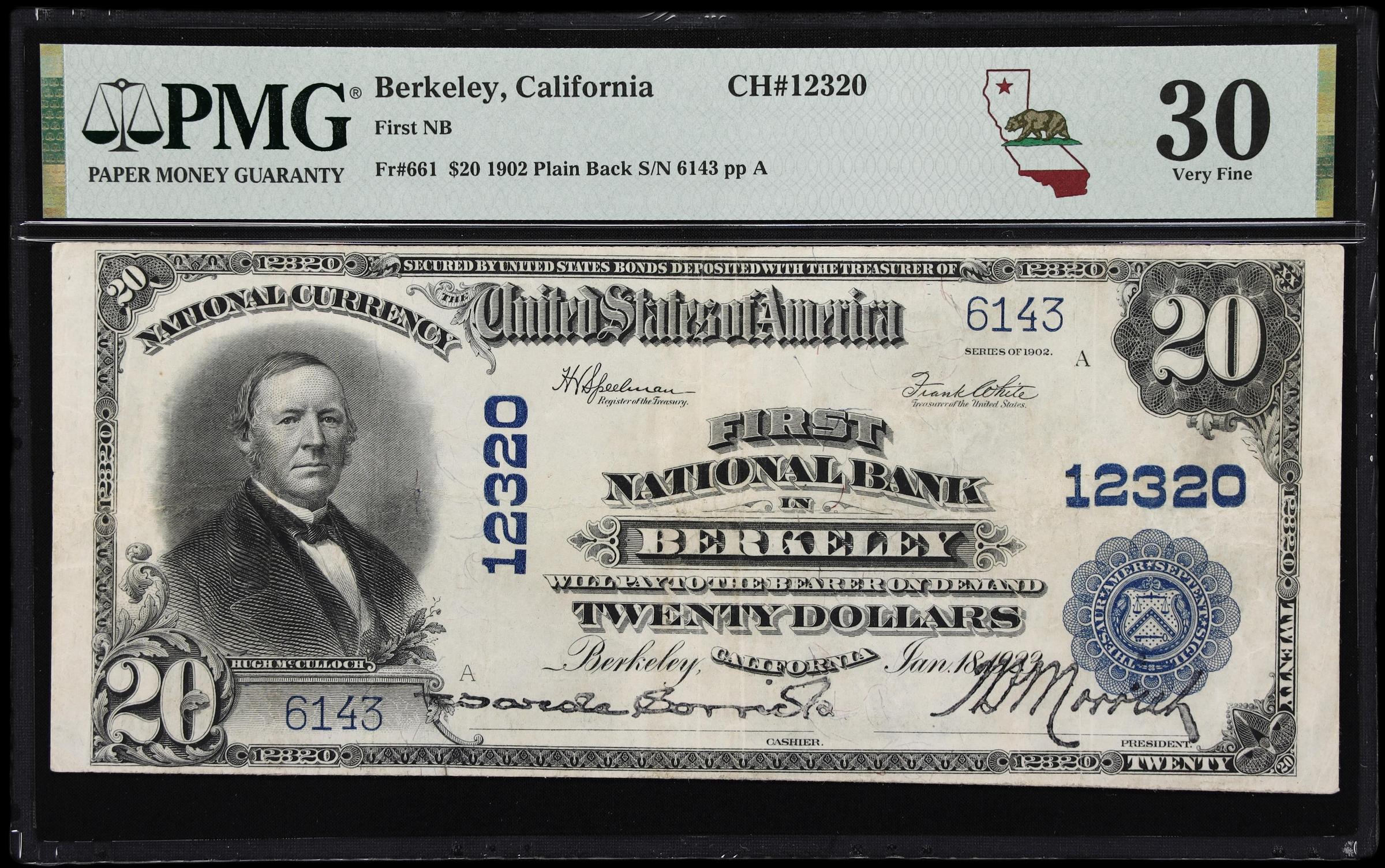 image for: Berkeley, California. $20 1902 Plain Back. Fr. 661. First NB. Charter #12320. PMG Very Fine 30.