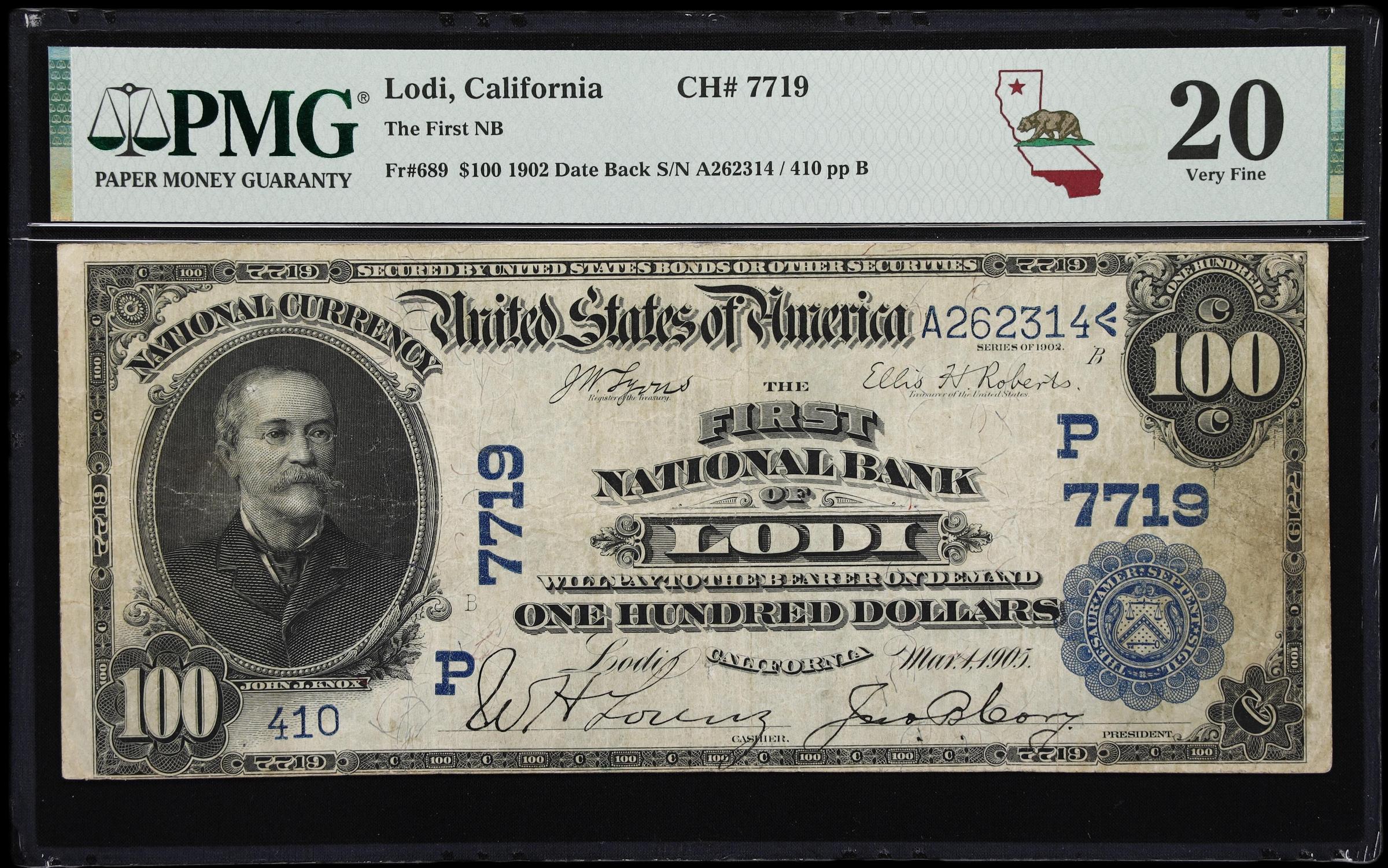 image for: Lodi, California. $100 1902 Date Back. Fr. 689. First NB. Charter #7719. PMG Very Fine 20.