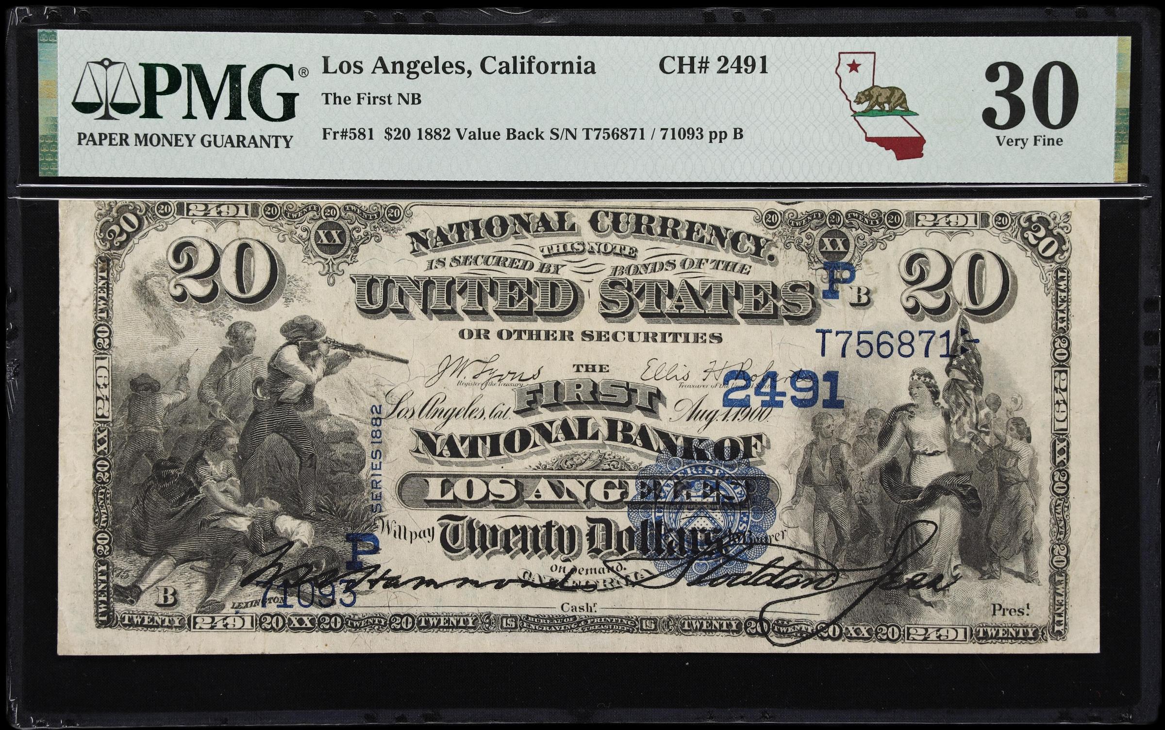 image for: Los Angeles, California. $20 1882 Value Back. Fr. 581. First NB. Charter #2491. PMG Very Fine 30.