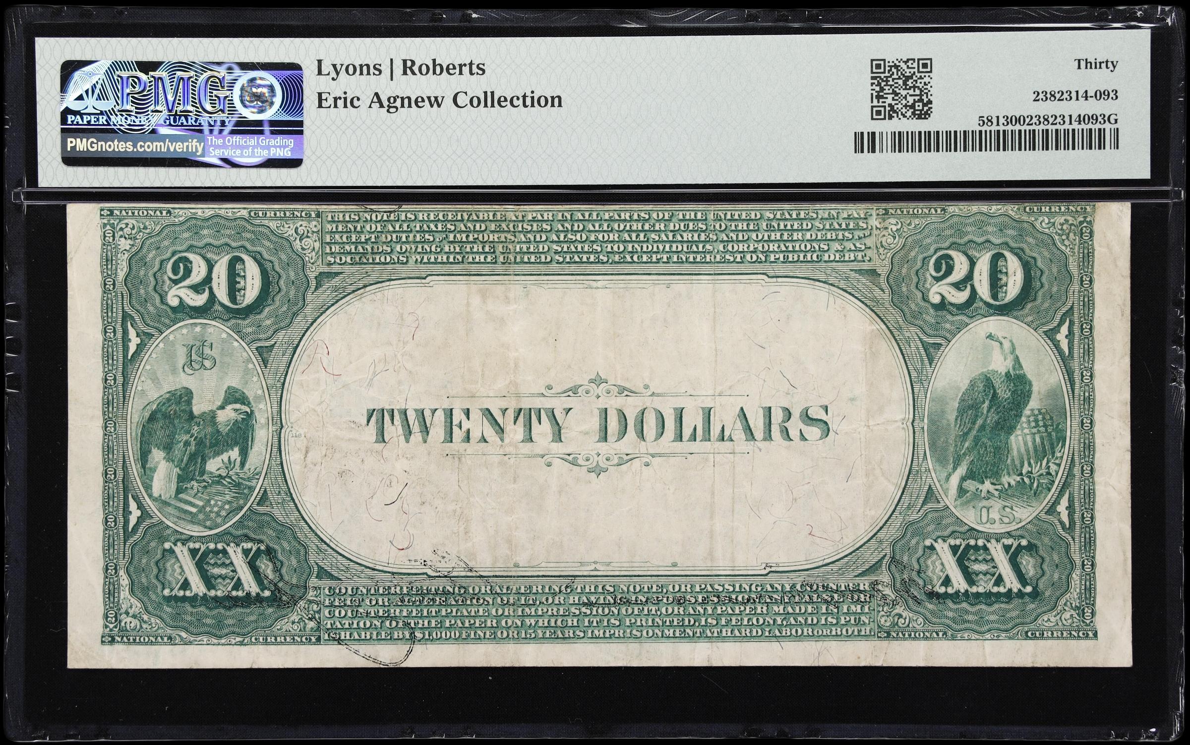 image for: Los Angeles, California. $20 1882 Value Back. Fr. 581. First NB. Charter #2491. PMG Very Fine 30.