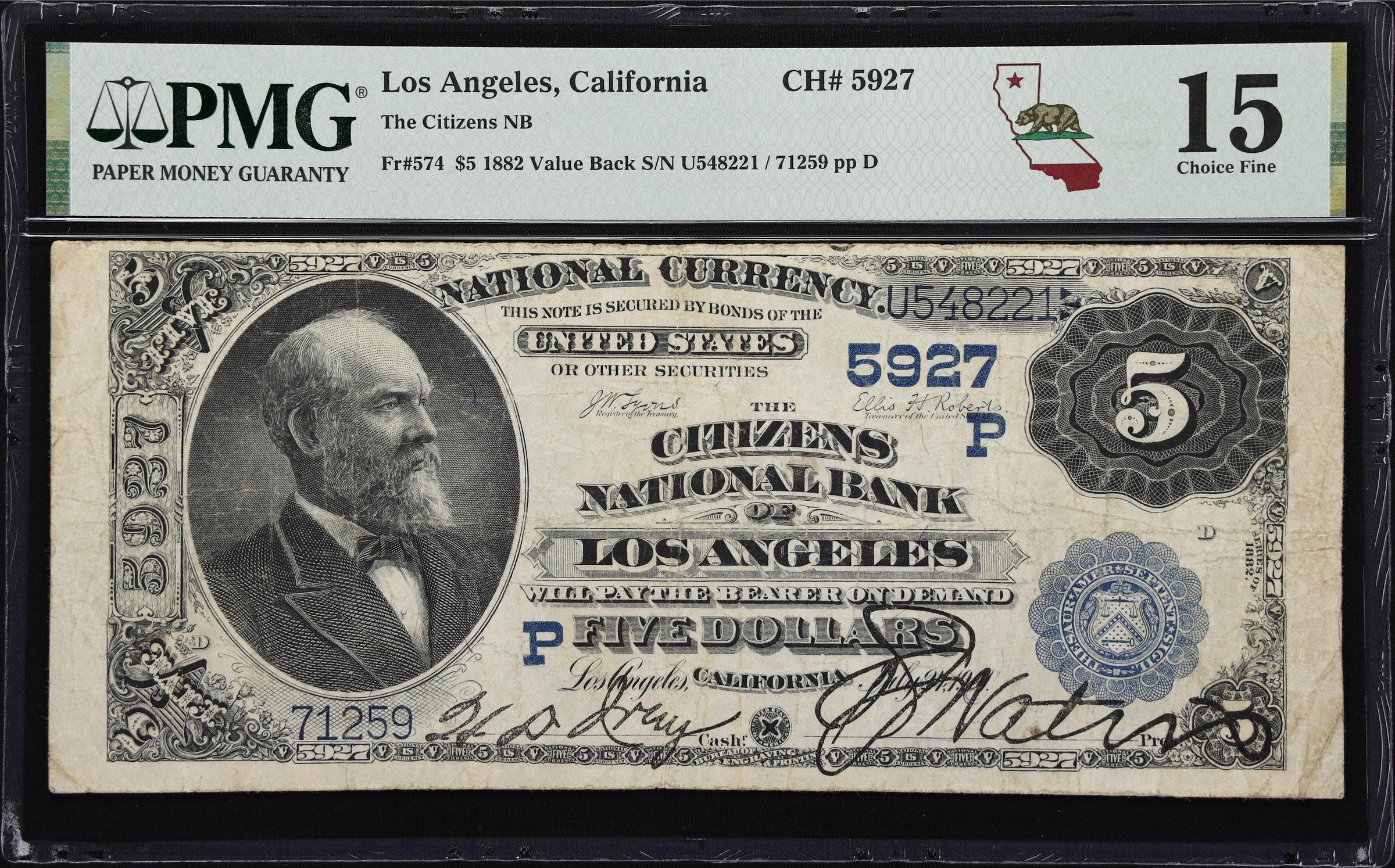 image for: Los Angeles, California. $5 1882 Value Back. Fr. 574. Citizens NB. Charter #5927. PMG Choice Fine 15.