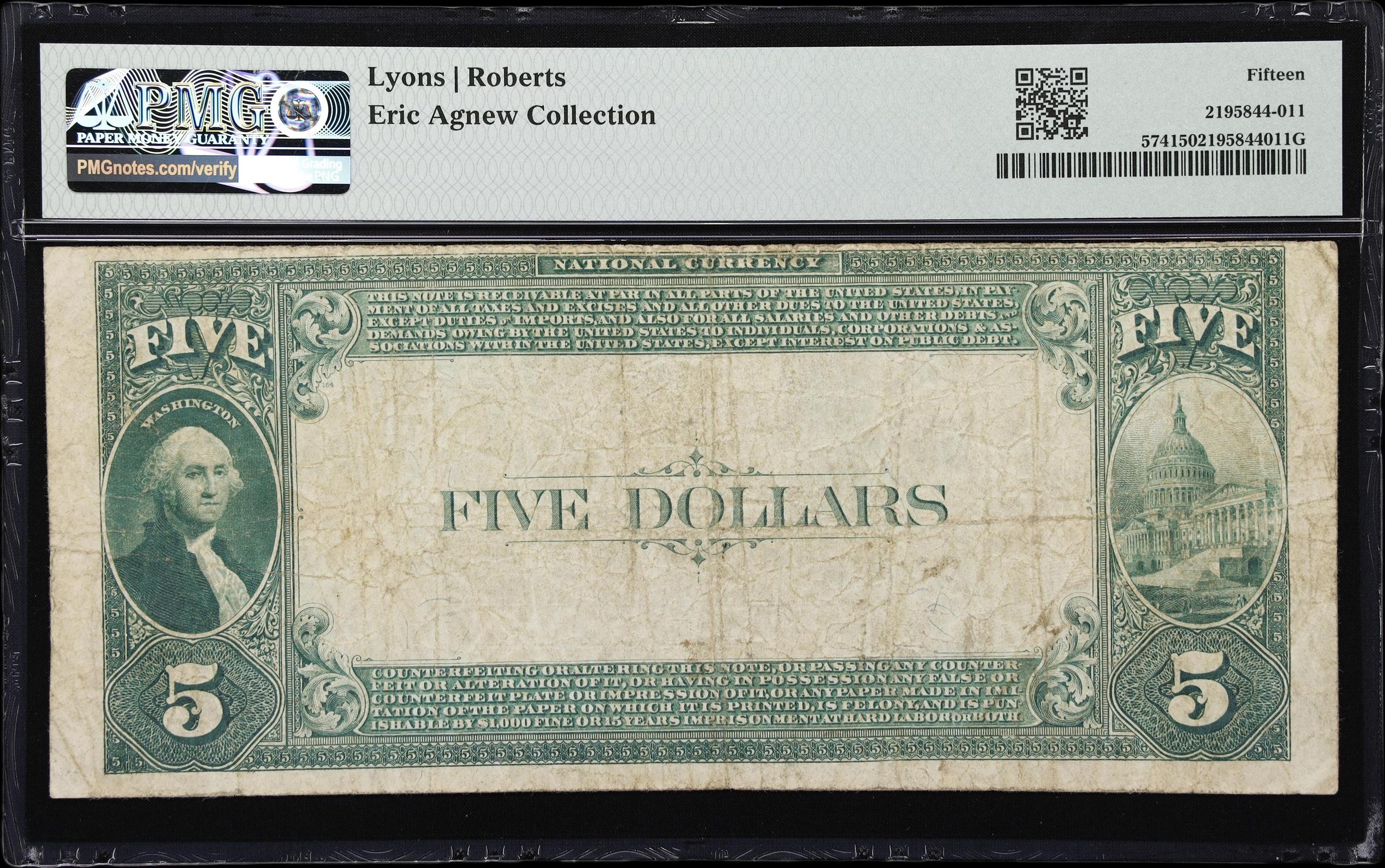 image for: Los Angeles, California. $5 1882 Value Back. Fr. 574. Citizens NB. Charter #5927. PMG Choice Fine 15.