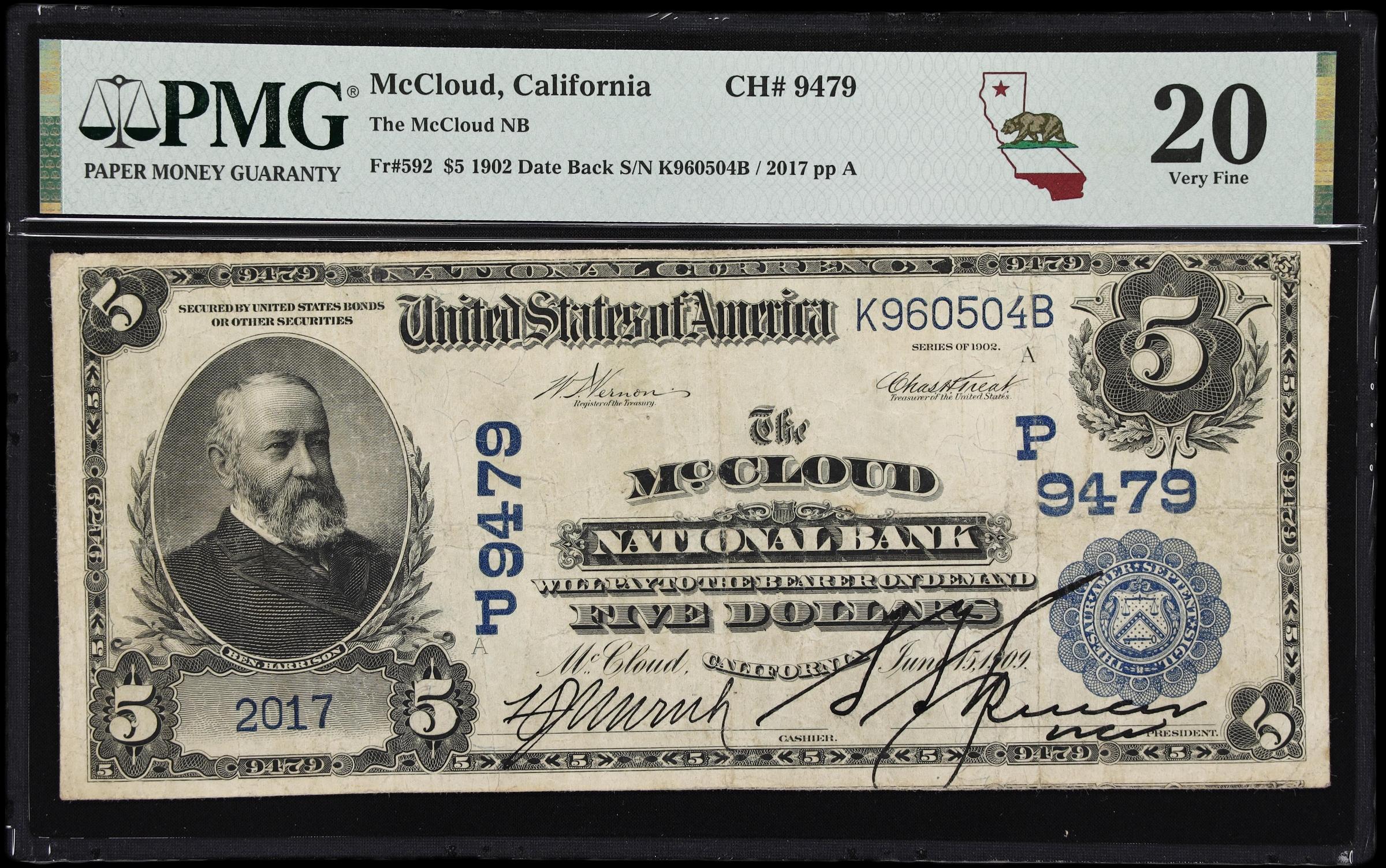 image for: McCloud, California. $5 1902 Date Back. Fr. 592. McCloud NB. Charter #9479. PMG Very Fine 20.