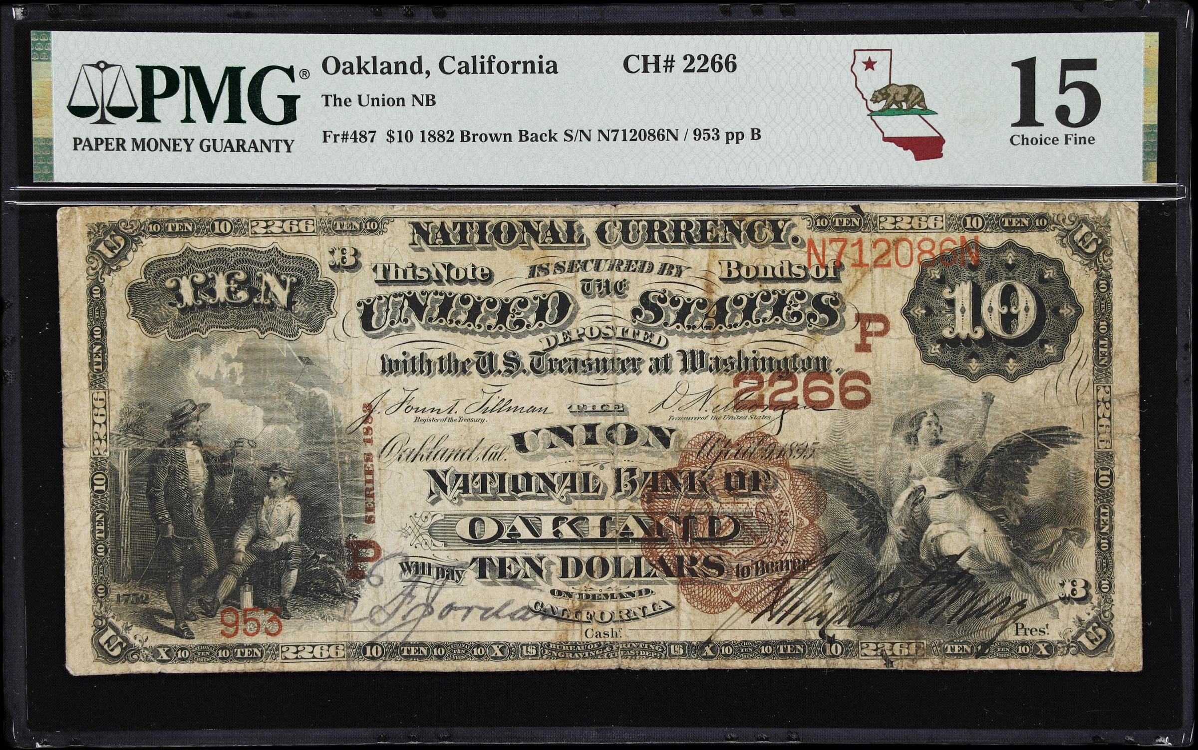 image for: Oakland, California. $10 1882 Brown Back. Fr. 487. Union NB. Charter #2266. PMG Choice Fine 15.