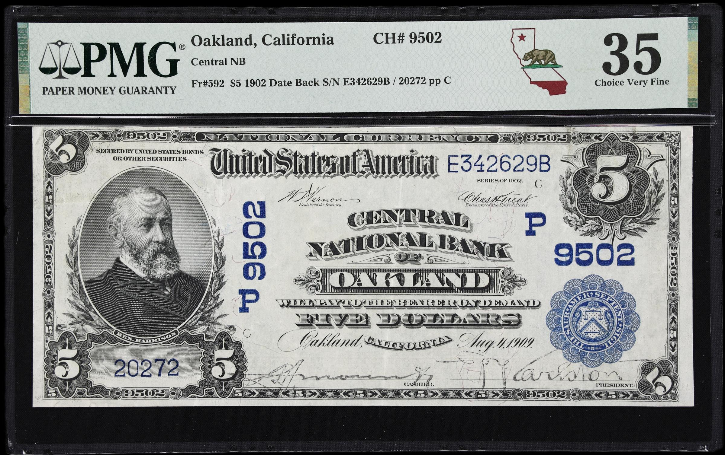 image for: Oakland, California. $5 1902 Date Back. Fr. 592. Central NB. Charter #9502. PMG Choice Very Fine 35.