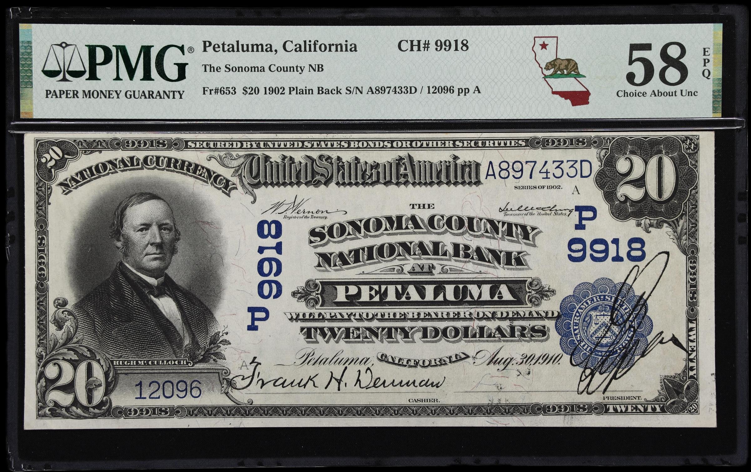 image for: Petaluma, California. $20 1902 Plain Back. Fr. 653. Sonoma County NB. Charter #9918. PMG Choice About Uncirculated 58 EPQ.
