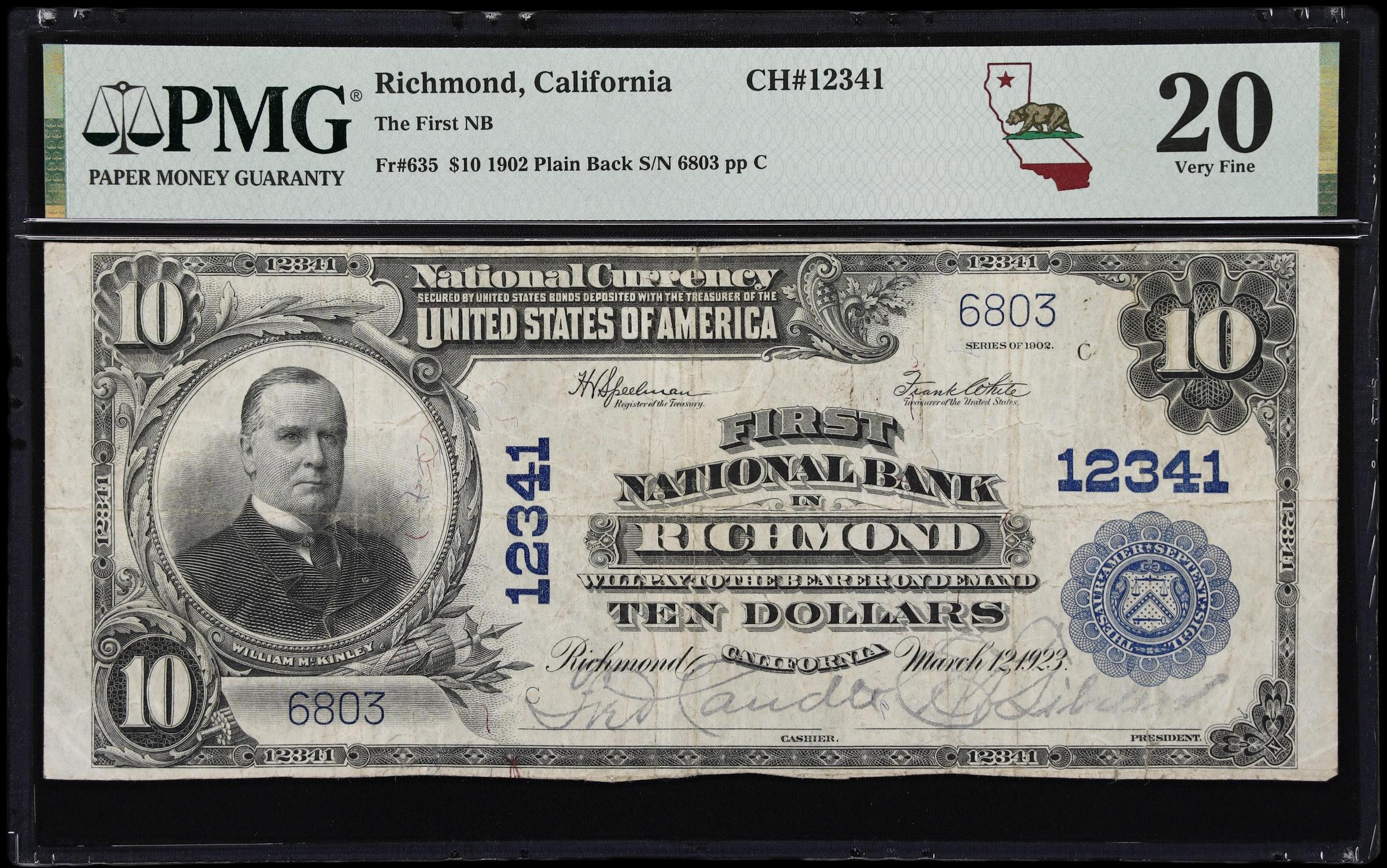 image for: Richmond, California. $10 1902 Plain Back. Fr. 635. First NB. Charter #12341. PMG Very Fine 20.