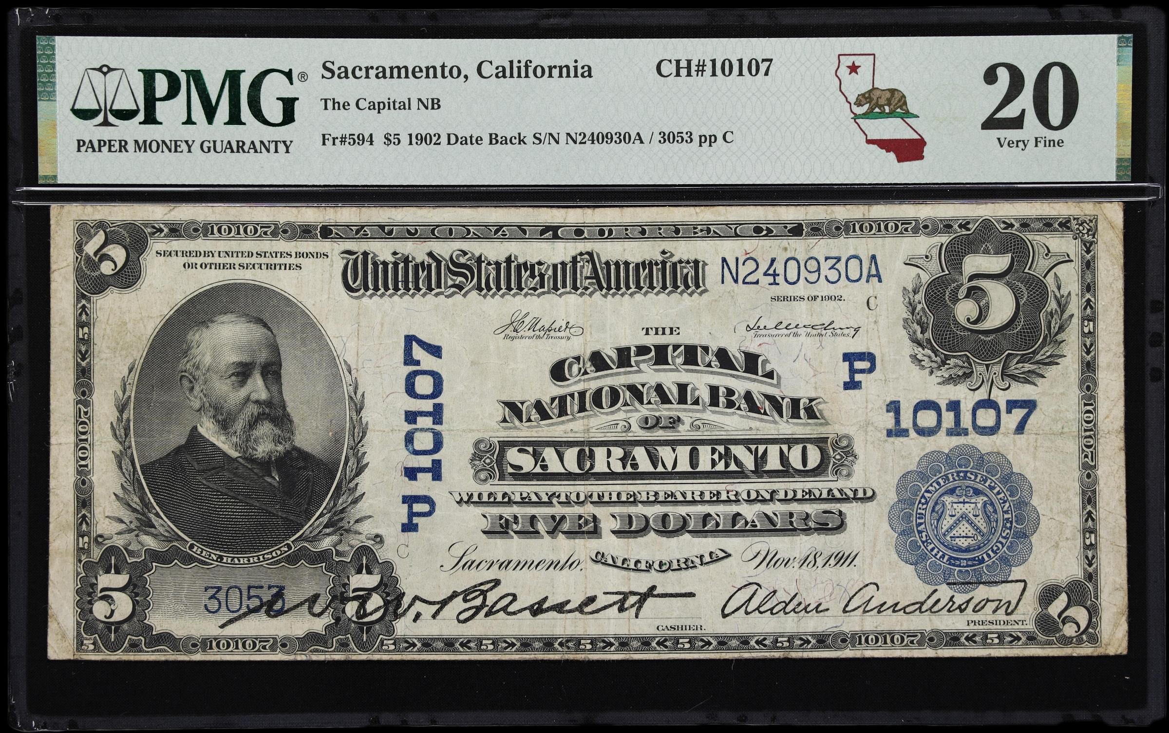 image for: Sacramento, California. $5 1902 Date Back. Fr. 594. Capital NB. Charter #10107. PMG Very Fine 20.