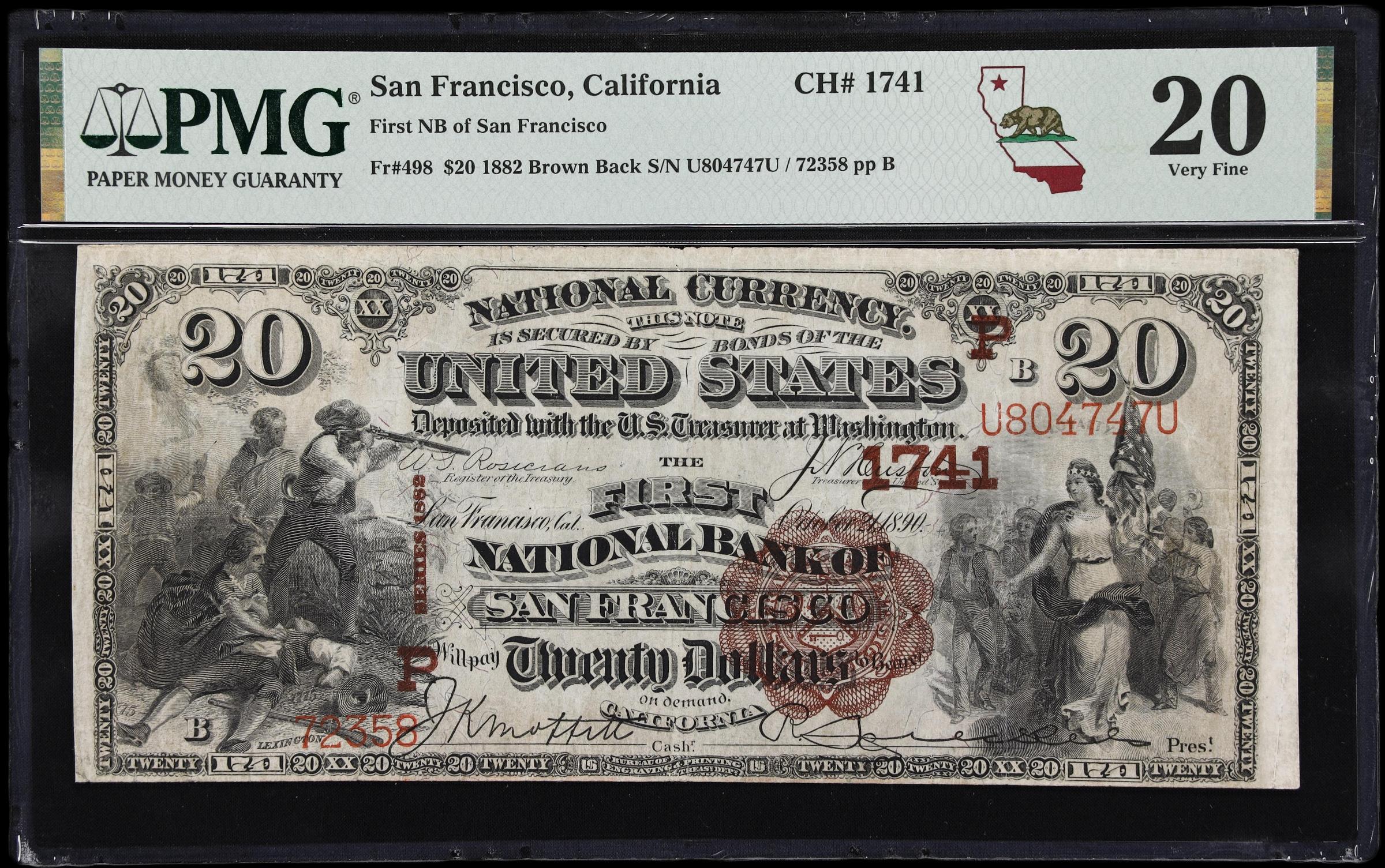image for: San Francisco, California. $20 1882 Brown Back. Fr. 498. First NB. Charter #1741. PMG Very Fine 20.