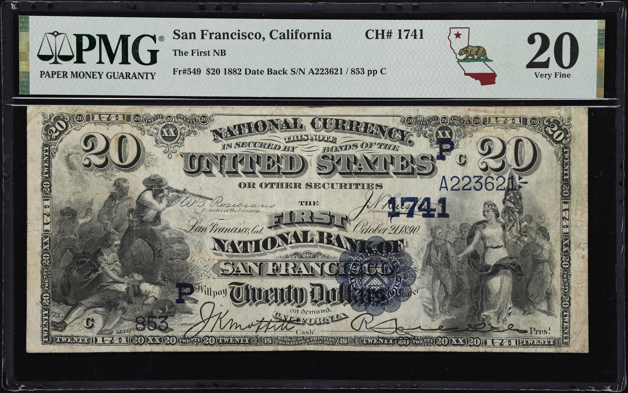 image for: San Francisco, California. $20 1882 Date Back. Fr. 549. First NB. Charter #1741. PMG Very Fine 20.