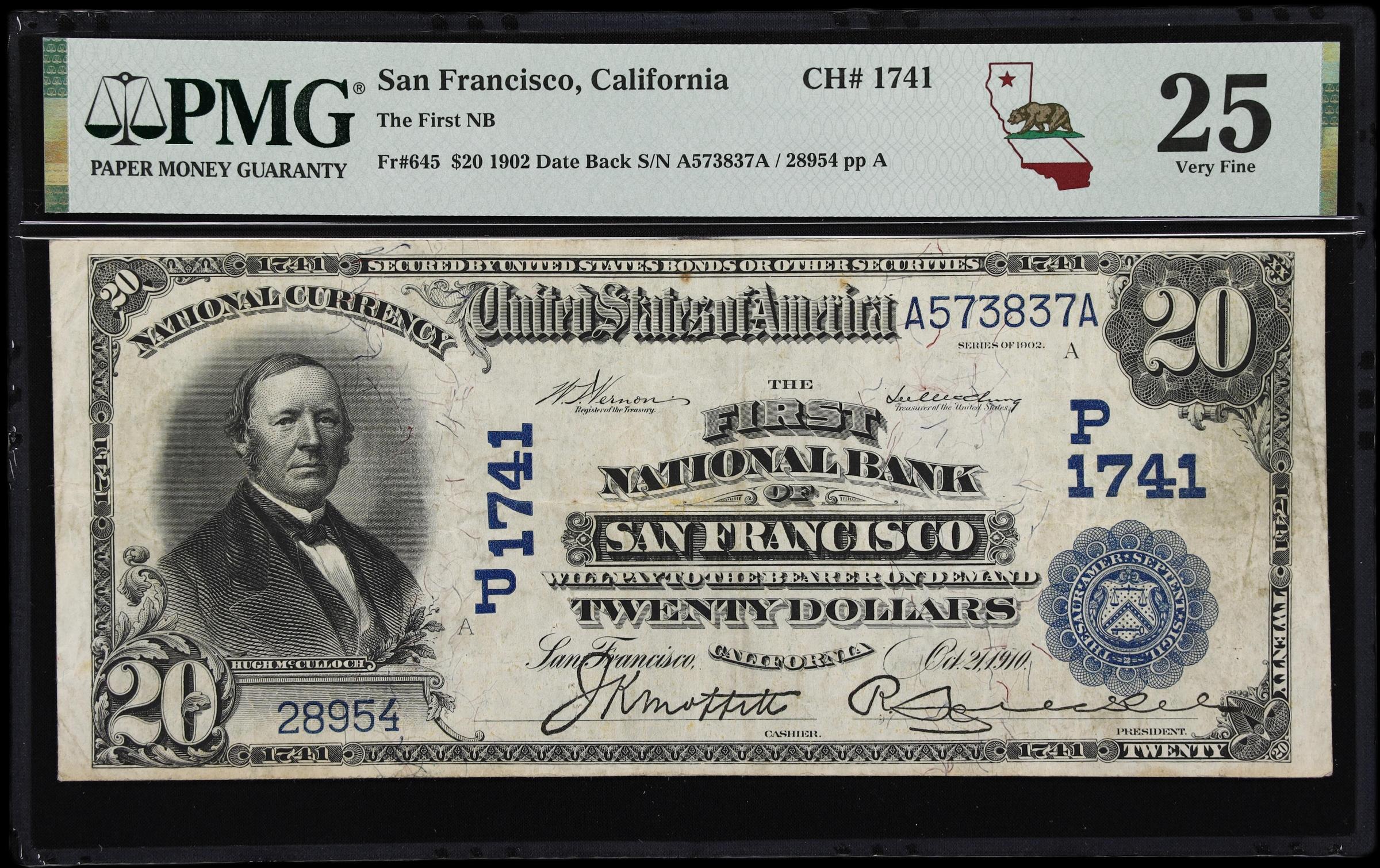 image for: San Francisco, California. $20 1902 Date Back. Fr. 645. First NB. Charter #1741. PMG Very Fine 25.