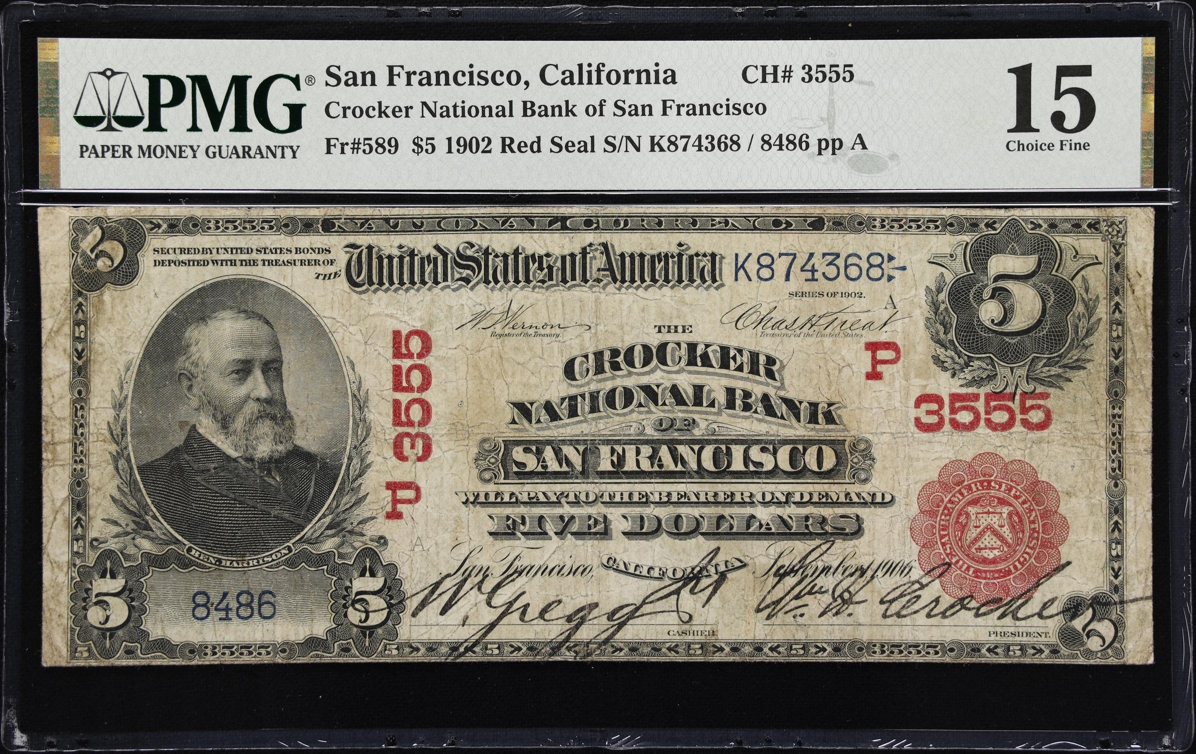 image for: San Francisco, California. $5 1902 Red Seal. Fr. 589. Crocker NB. Charter #3555. PMG Choice Fine 15.