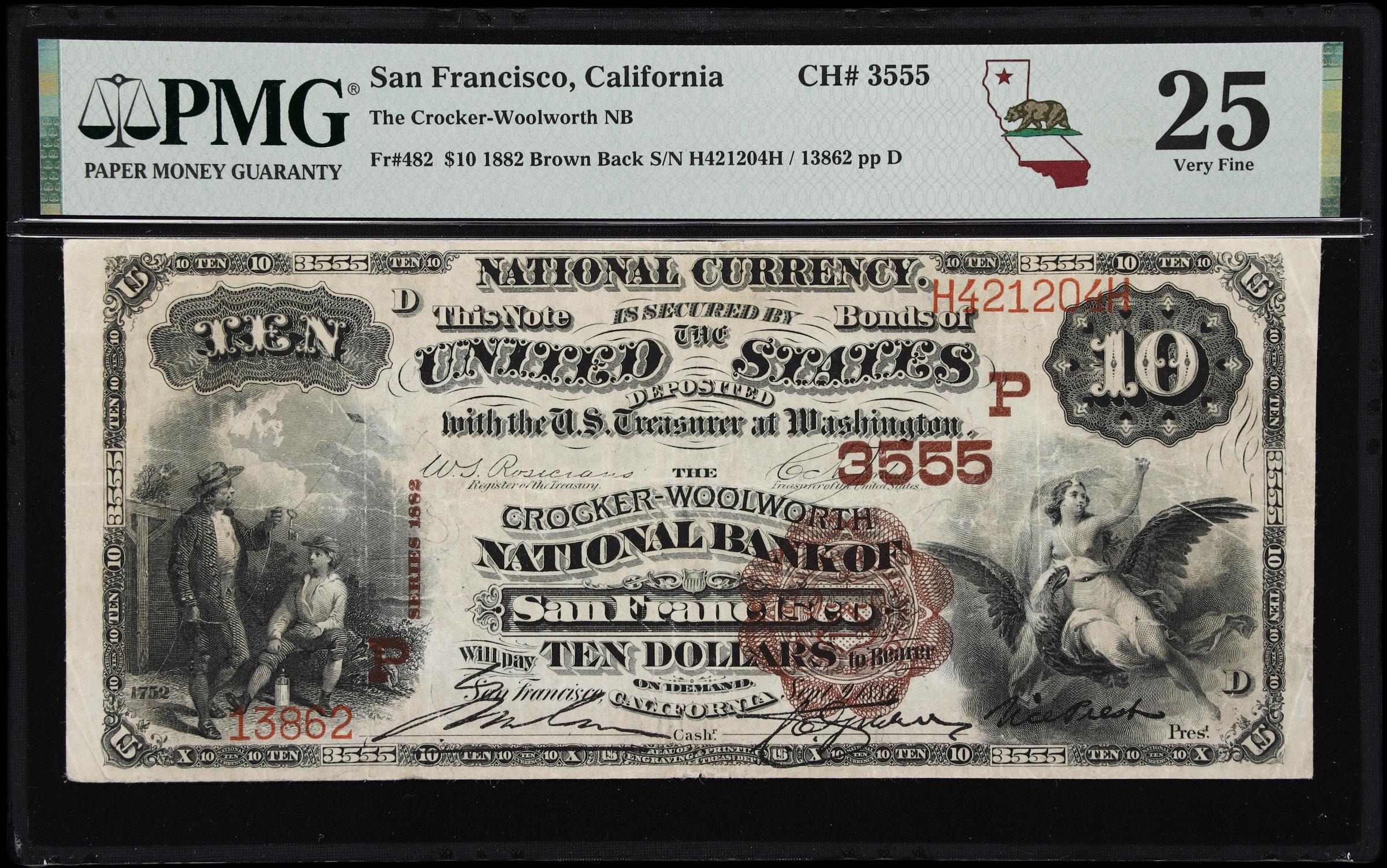 image for: San Francisco, California. $10 1882 Brown Back. Fr. 482. Crocker-Woolworth NB. Charter #3555. PMG Very Fine 25.