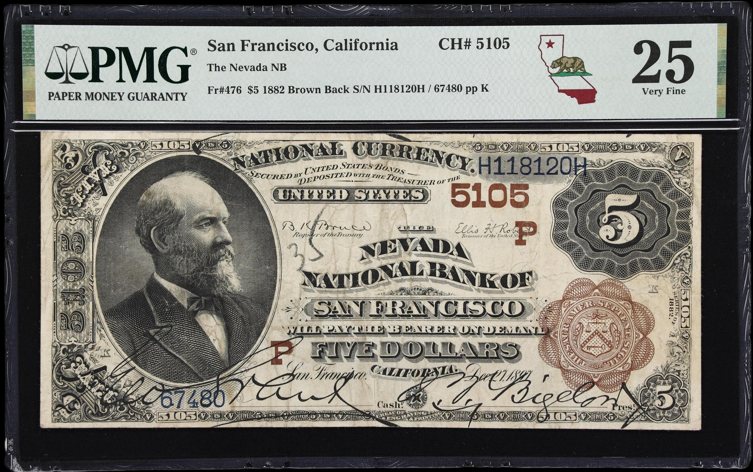 image for: San Francisco, California. $5 1882 Brown Back. Fr. 476. Nevada NB. Charter #5105. PMG Very Fine 25.