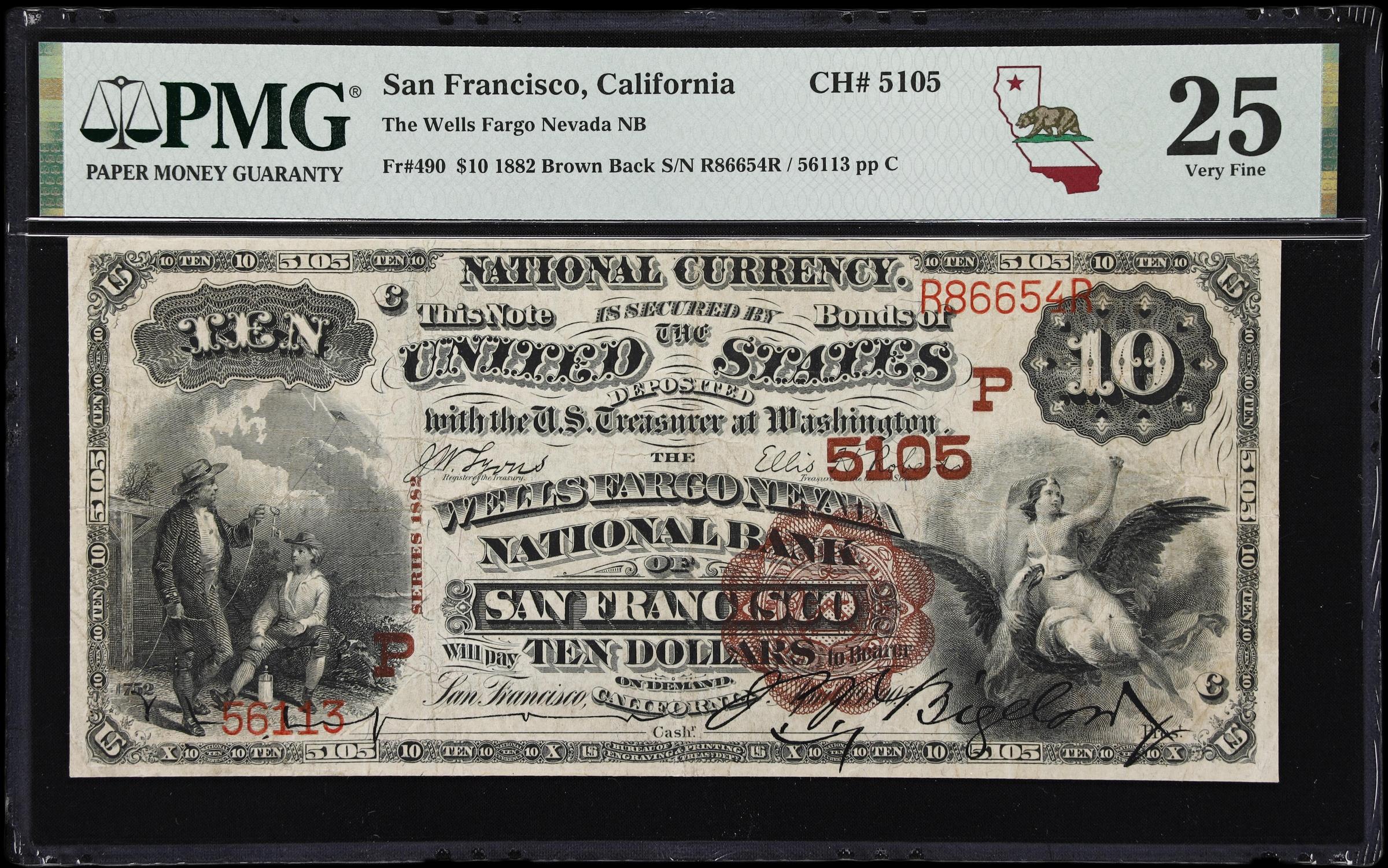 image for: San Francisco, California. $10 1882 Brown Back. Fr. 490. Wells Fargo Nevada NB. Charter #5105. PMG Very Fine 25.