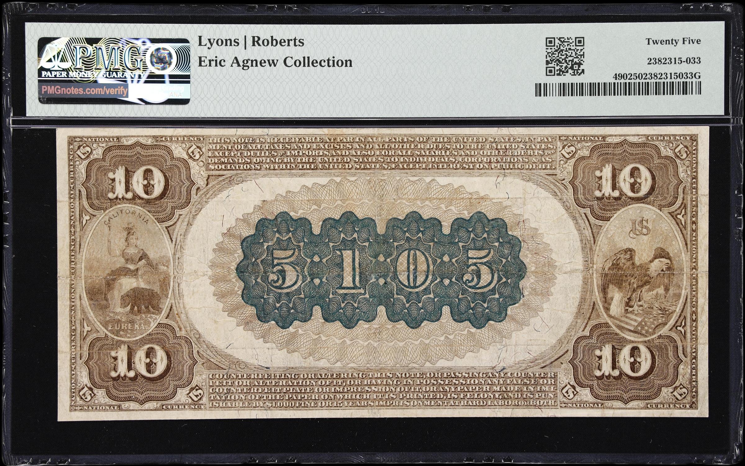 image for: San Francisco, California. $10 1882 Brown Back. Fr. 490. Wells Fargo Nevada NB. Charter #5105. PMG Very Fine 25.