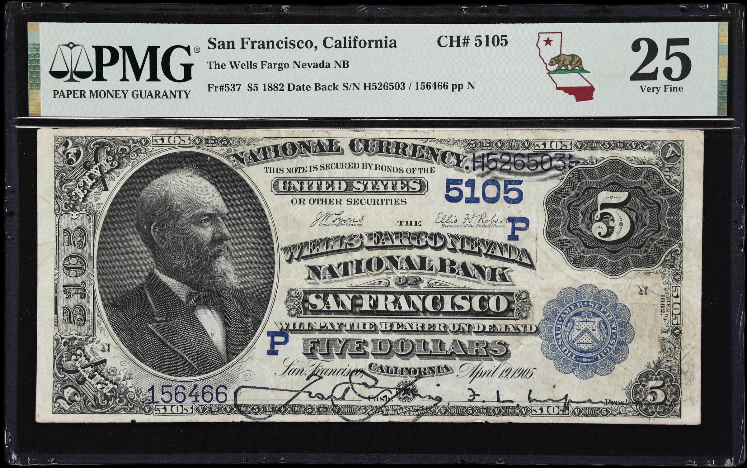 image for: San Francisco, California. $5 1882 Date Back. Fr. 537. Wells Fargo Nevada NB. Charter #5105. PMG Very Fine 25.