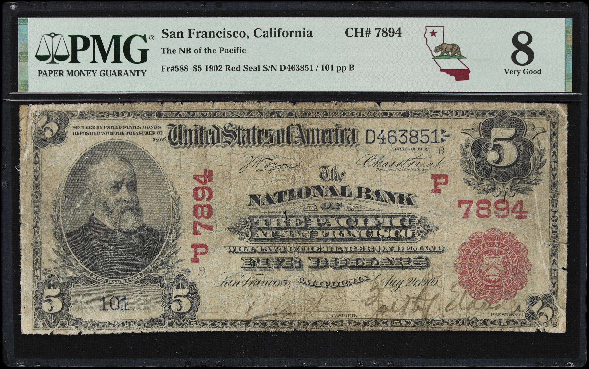 image for: San Francisco, California. $5 1902 Red Seal. Fr. 588. The NB of the Pacific. Charter #7894. PMG Very Good 8.