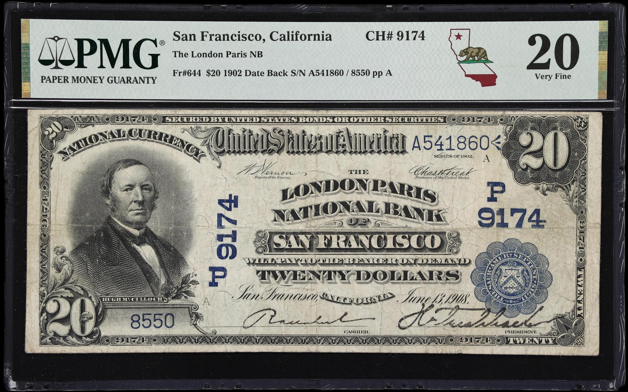 image for: San Francisco, California. $20 1902 Date Back. Fr. 644. London Paris NB. Charter #9174. PMG Very Fine 20.