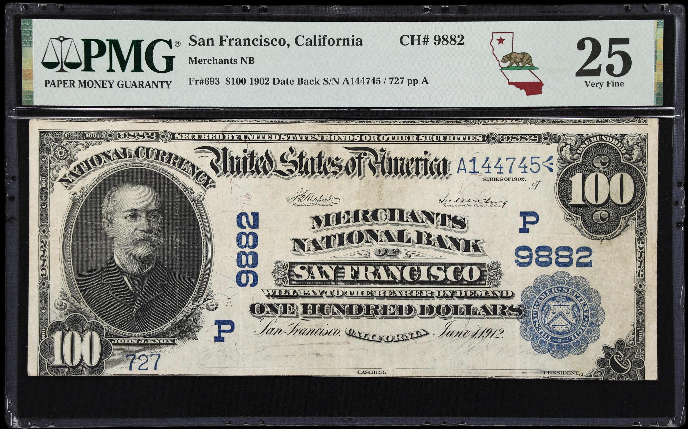 image for: San Francisco, California. $100 1902 Date Back. Fr. 693. Merchants NB. Charter #9882. PMG Very Fine 25.