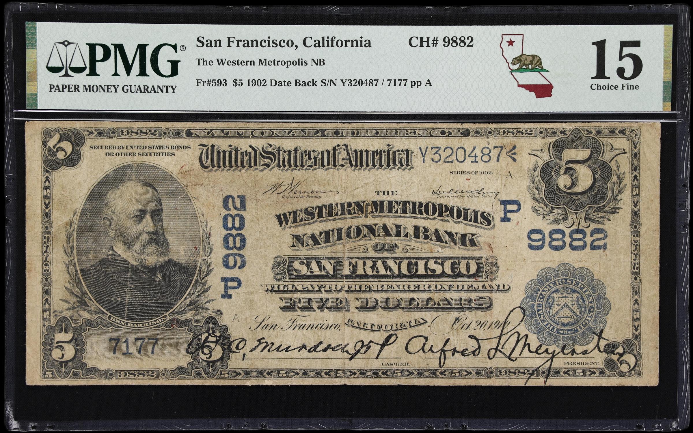 image for: San Francisco, California. $5 1902 Date Back. Fr. 593. Western Metropolis NB. Charter #9882. PMG Choice Fine 15.