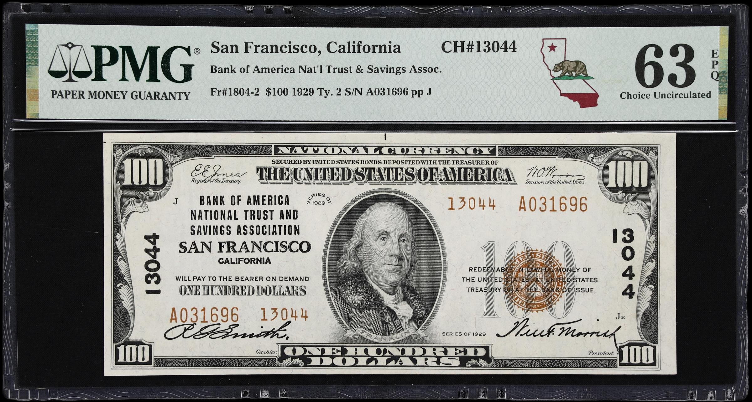image for: San Francisco, California. $100 1929 Ty. 2. Fr. 1804-2. Bank of America National Trust & Savings Association. Charter #13044. PMG Choice Uncirculated 63 EPQ.