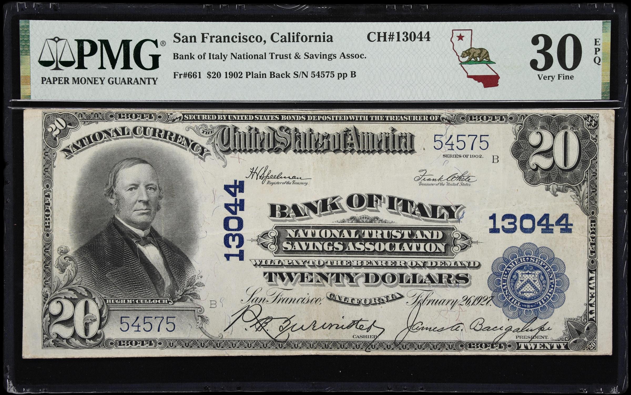image for: San Francisco, California. $20 1902 Plain Back. Fr. 661. Bank of Italy National Trust & Savings Association. Charter #13044. PMG Very Fine 30 EPQ.