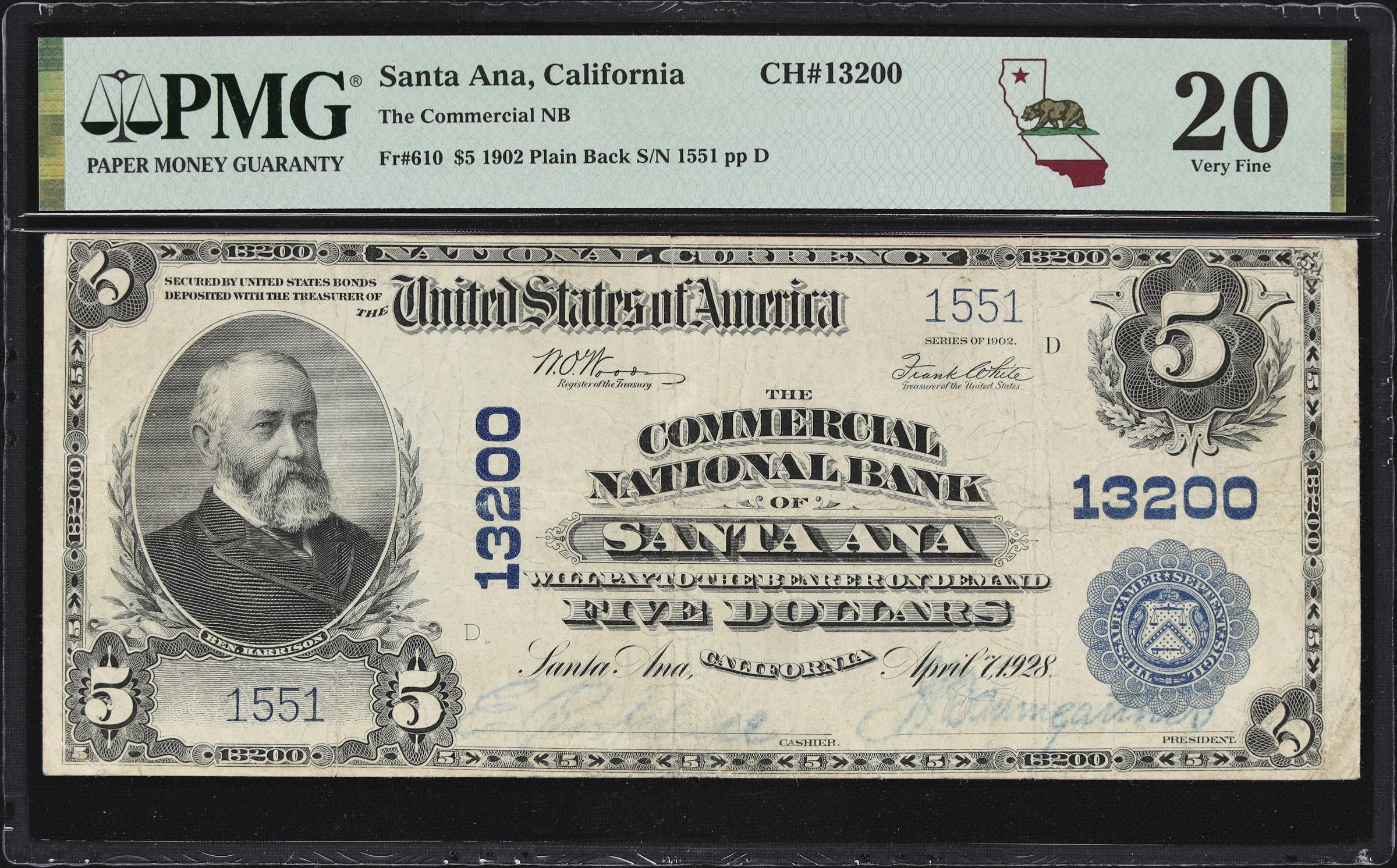 image for: Santa Ana, California. $5 1902 Plain Back. Fr. 610. Commercial NB. Charter #13200. PMG Very Fine 20. Radar Serial Number.
