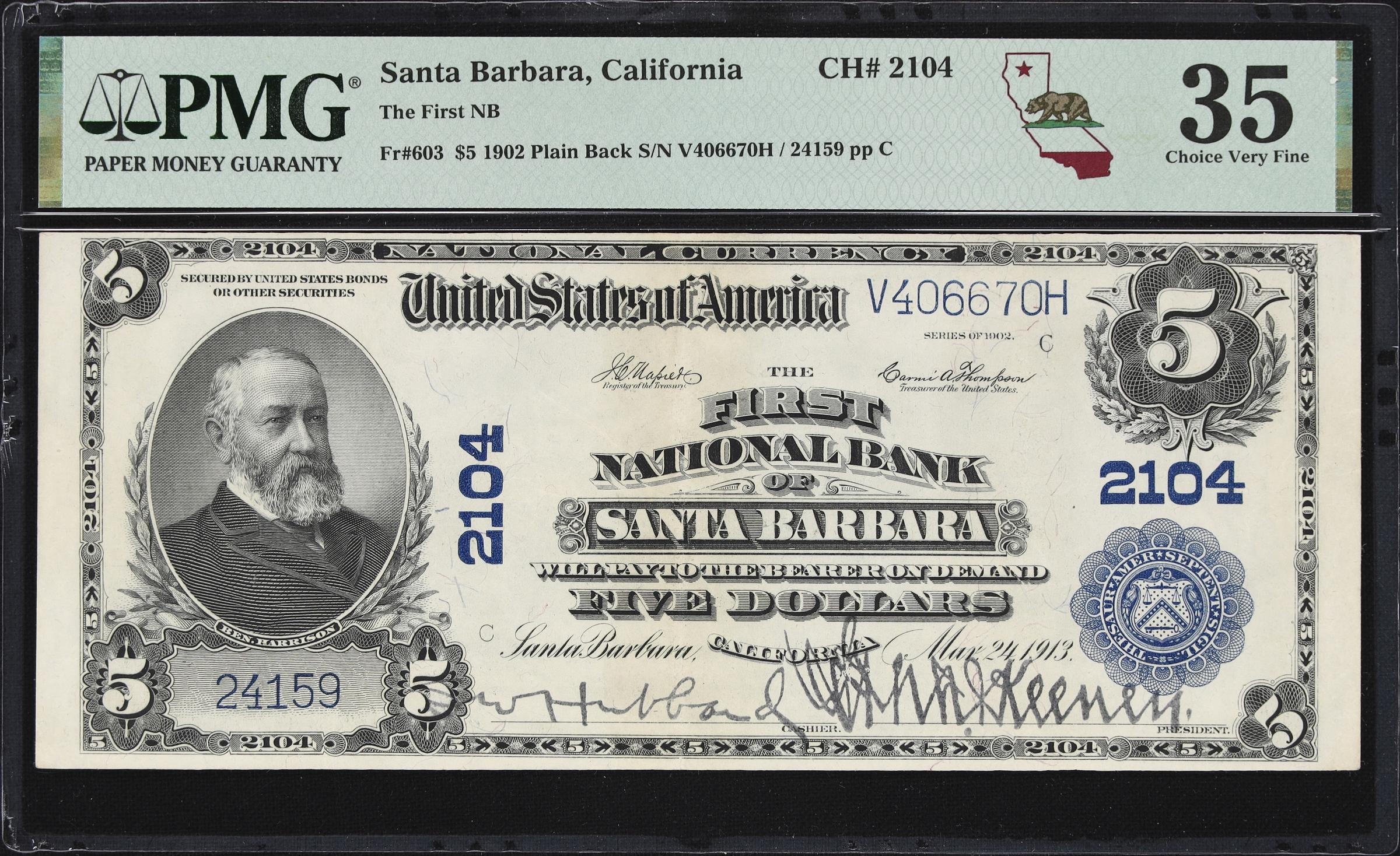 image for: Santa Barbara, California. $5 1902 Plain Back. Fr. 603. First National Bank. Charter #2104. PMG Choice Very Fine 35.