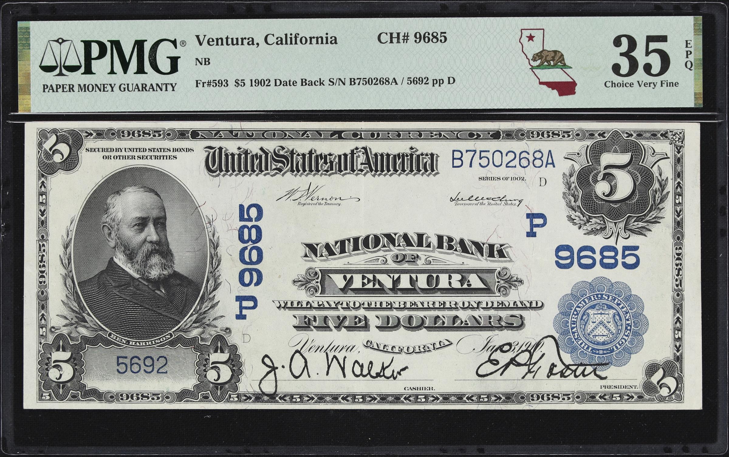 image for: Ventura, California. $5 1902 Date Back. Fr. 593. NB. Charter #9685. PMG Choice Very Fine 35 EPQ.