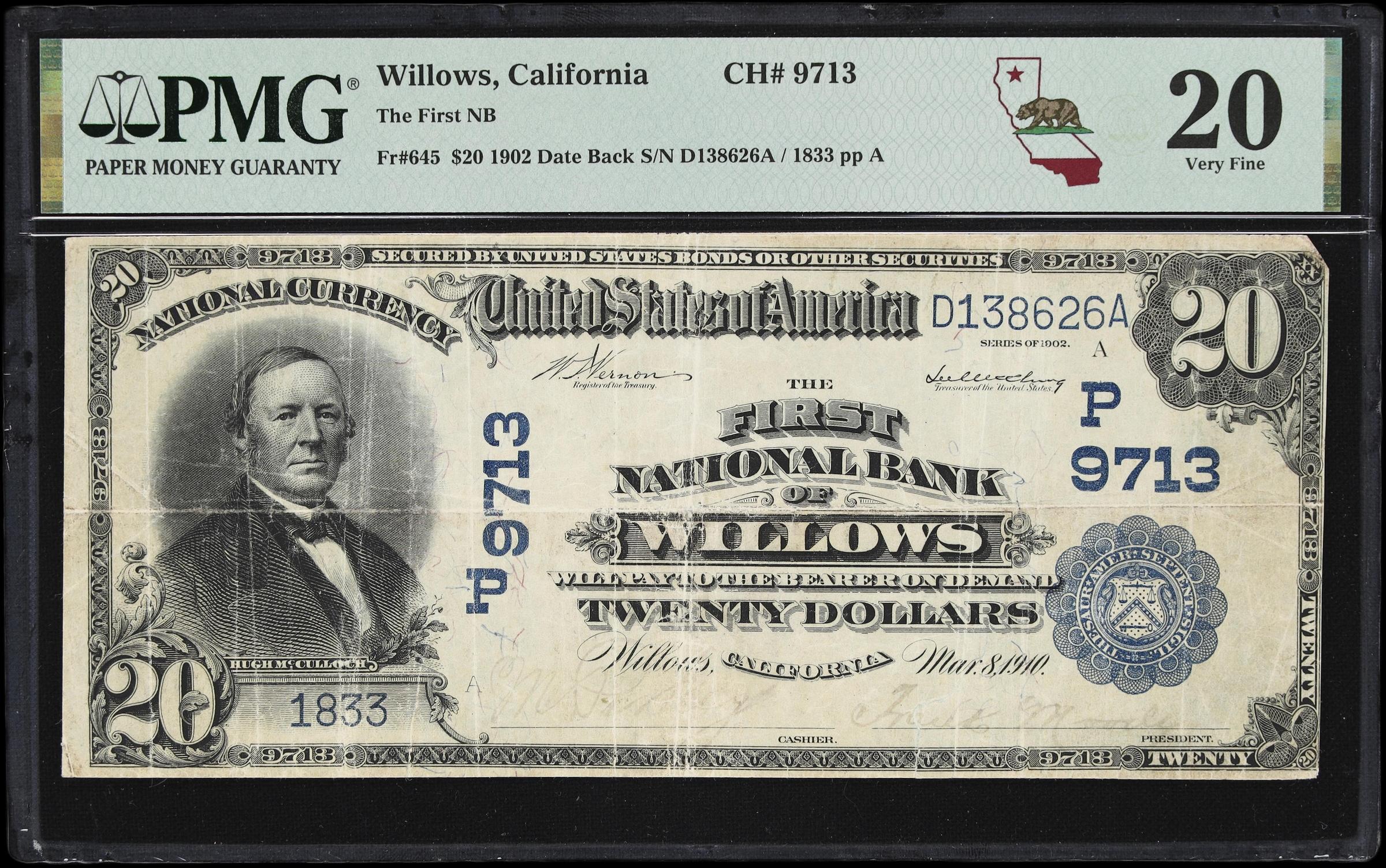 image for: Willows, California. $20 1902 Date Back. Fr. 645. The First NB. Charter #9713. PMG Very Fine 20.