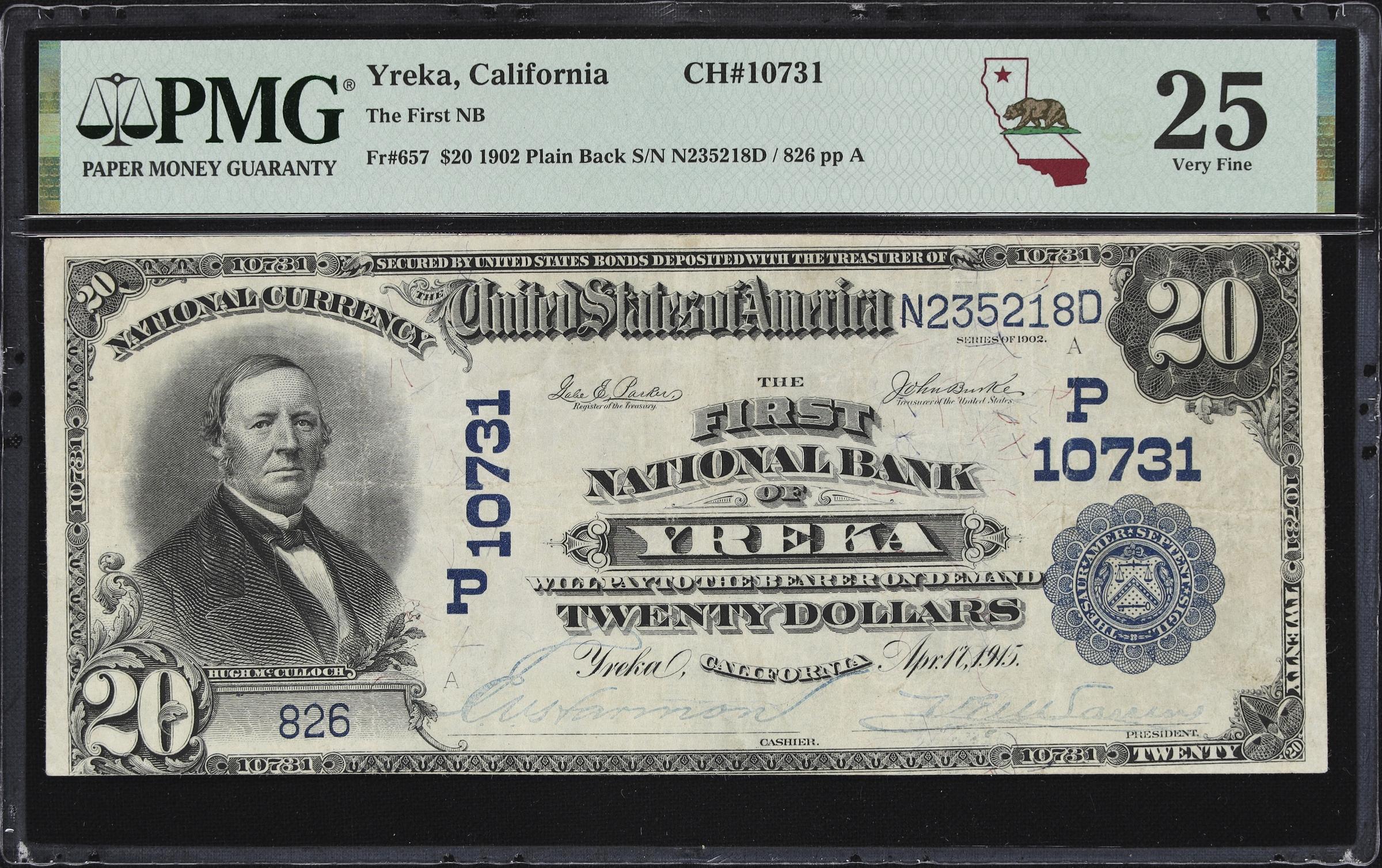 image for: Yreka, California. $20 1902 Plain Back. Fr. 657. First NB. Charter #10731. PMG Very Fine 25.