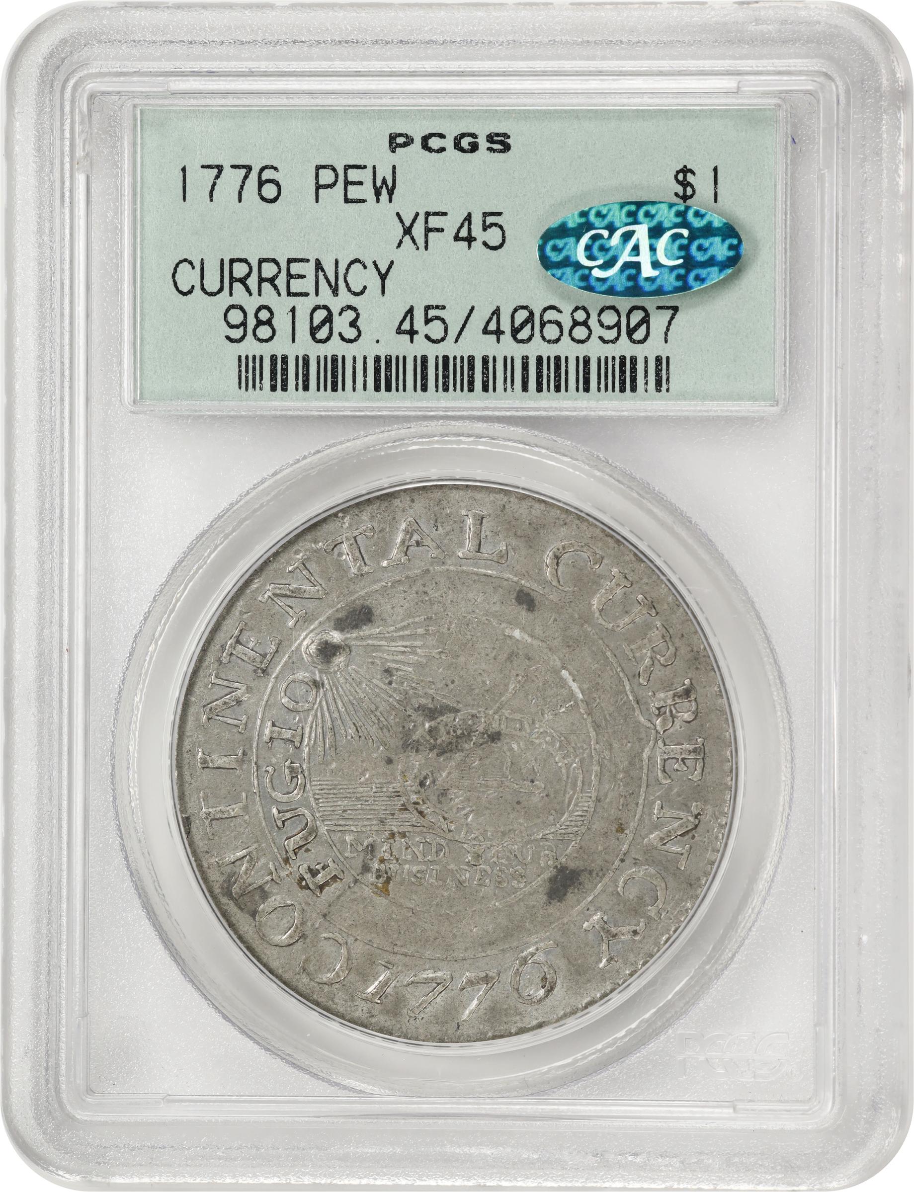 image for: "1776" (1783) Continental Dollar. Newman 2-C, W-8455. Rarity-3. CURRENCY. Pewter. EF-45 (PCGS). CAC. OGH.